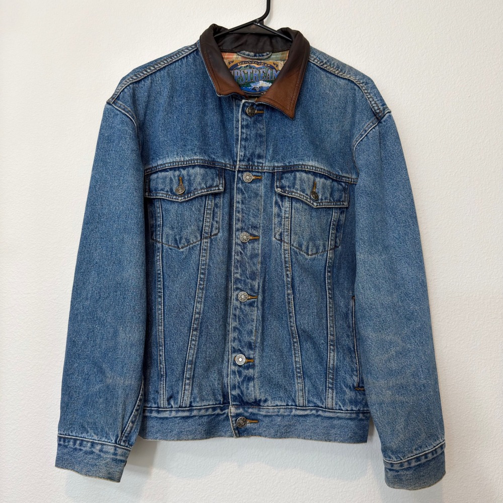 Dunbrooke Upstream Denim Jacket Men S Blue Leather Collar‎ Plaid Lined Fair